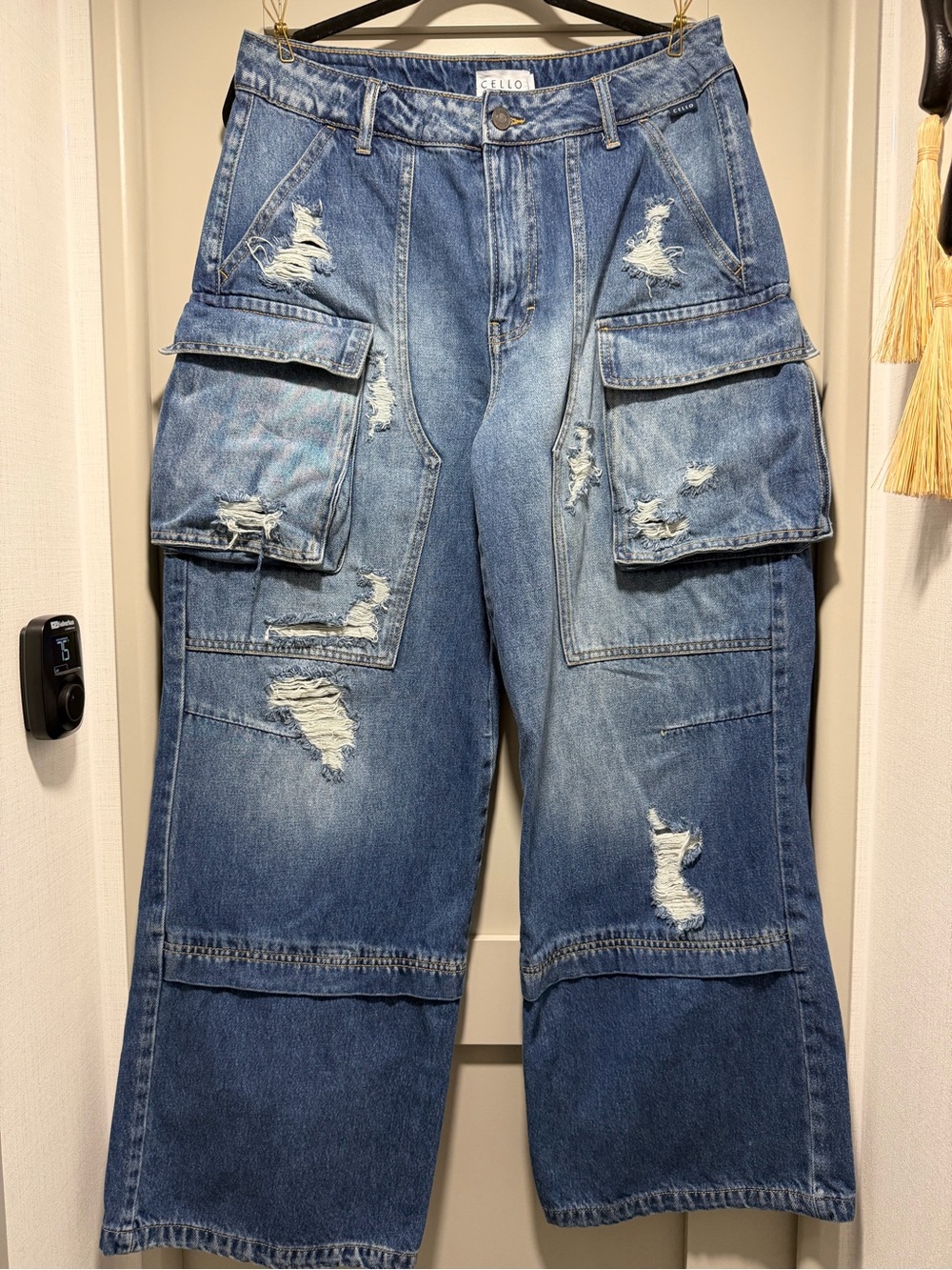 Cello Distressed Cargo Wide-Leg Jeans in Blue Denim